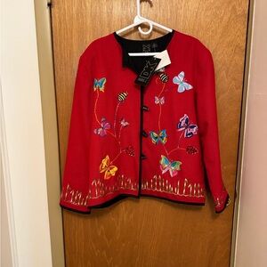 Sz L Daniel K red butterfly appliqué jacket with glass buttons. NWT Beautiful!